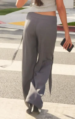Charcoal Grey Premium Woven Waistband Tie Detail Tailored Pants