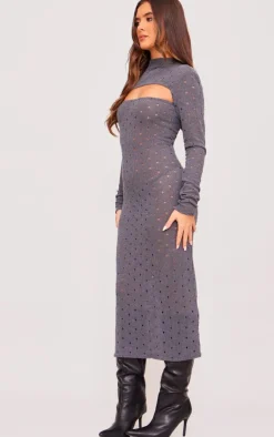 Ribbed Long Sleeve Cut Out Midi Dress-PrettyLittleThing New