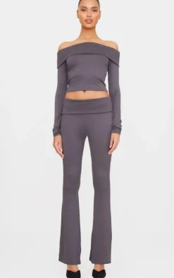 Sale PrettyLittleThing Soft Touch Fold Over Skinny Flares Charcoal Grey