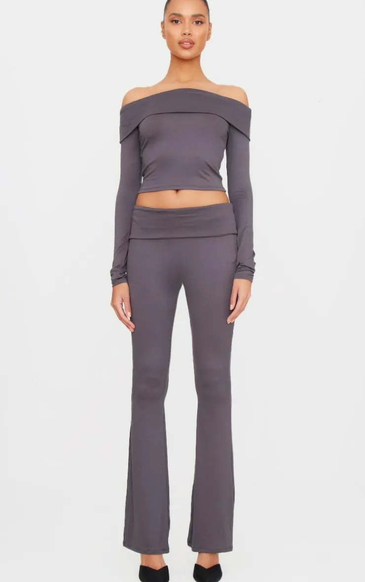 Sale PrettyLittleThing Soft Touch Fold Over Skinny Flares Charcoal Grey