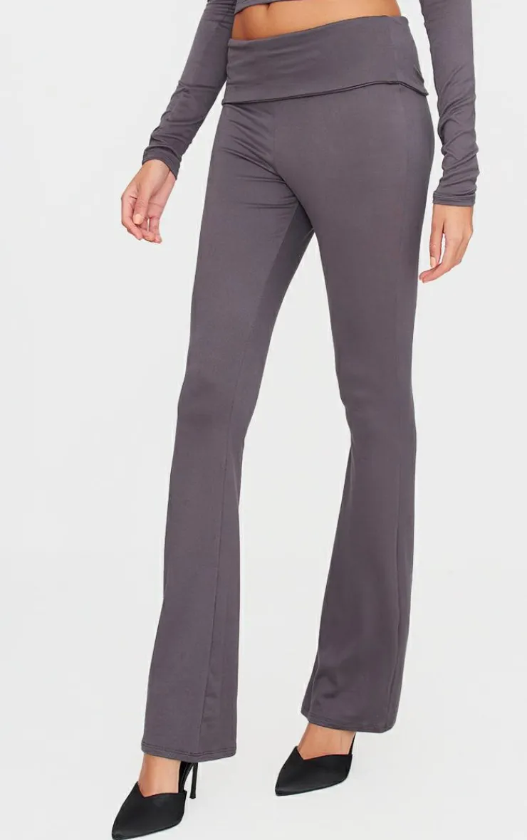 Sale PrettyLittleThing Soft Touch Fold Over Skinny Flares Charcoal Grey