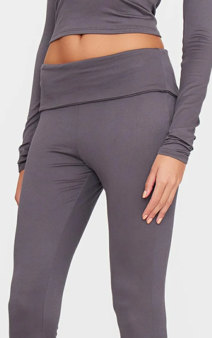 Sale PrettyLittleThing Soft Touch Fold Over Skinny Flares Charcoal Grey