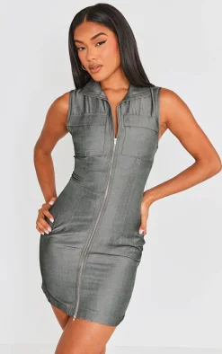 Textured Pocket Zip Up Bodycon Dress-PrettyLittleThing