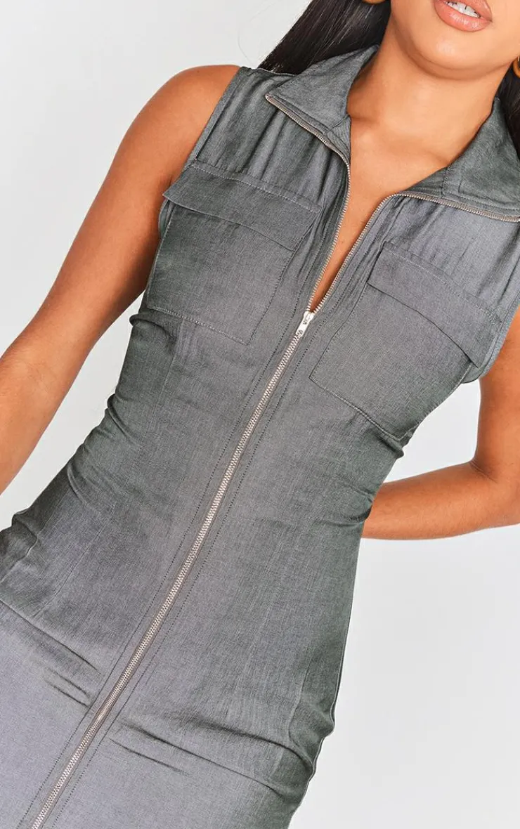 Textured Pocket Zip Up Bodycon Dress-PrettyLittleThing