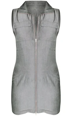 Textured Pocket Zip Up Bodycon Dress-PrettyLittleThing