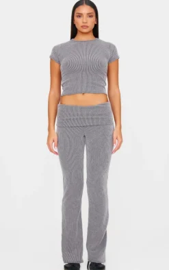 Online PrettyLittleThing Two Tone Crinkle Rib Foldover Skinny Flared Pants Charcoal Grey