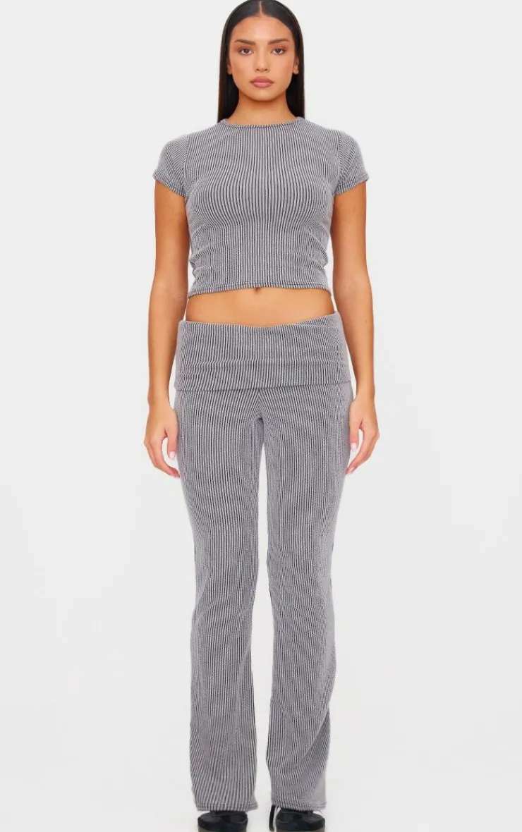 Online PrettyLittleThing Two Tone Crinkle Rib Foldover Skinny Flared Pants Charcoal Grey