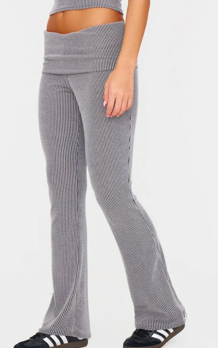Online PrettyLittleThing Two Tone Crinkle Rib Foldover Skinny Flared Pants Charcoal Grey