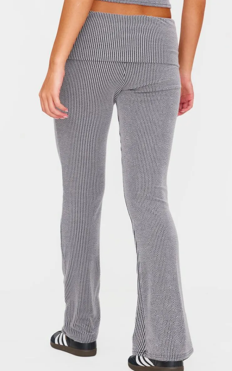 Online PrettyLittleThing Two Tone Crinkle Rib Foldover Skinny Flared Pants Charcoal Grey