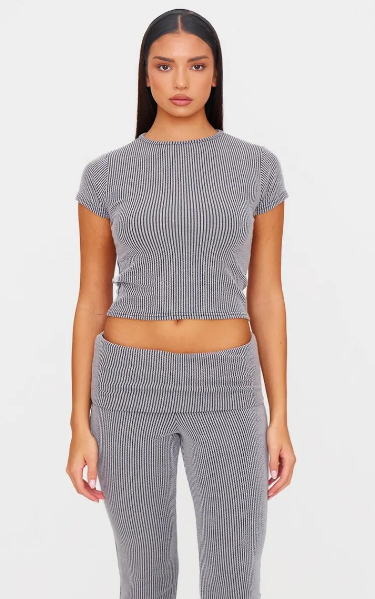 Online PrettyLittleThing Two Tone Crinkle Rib Foldover Skinny Flared Pants Charcoal Grey