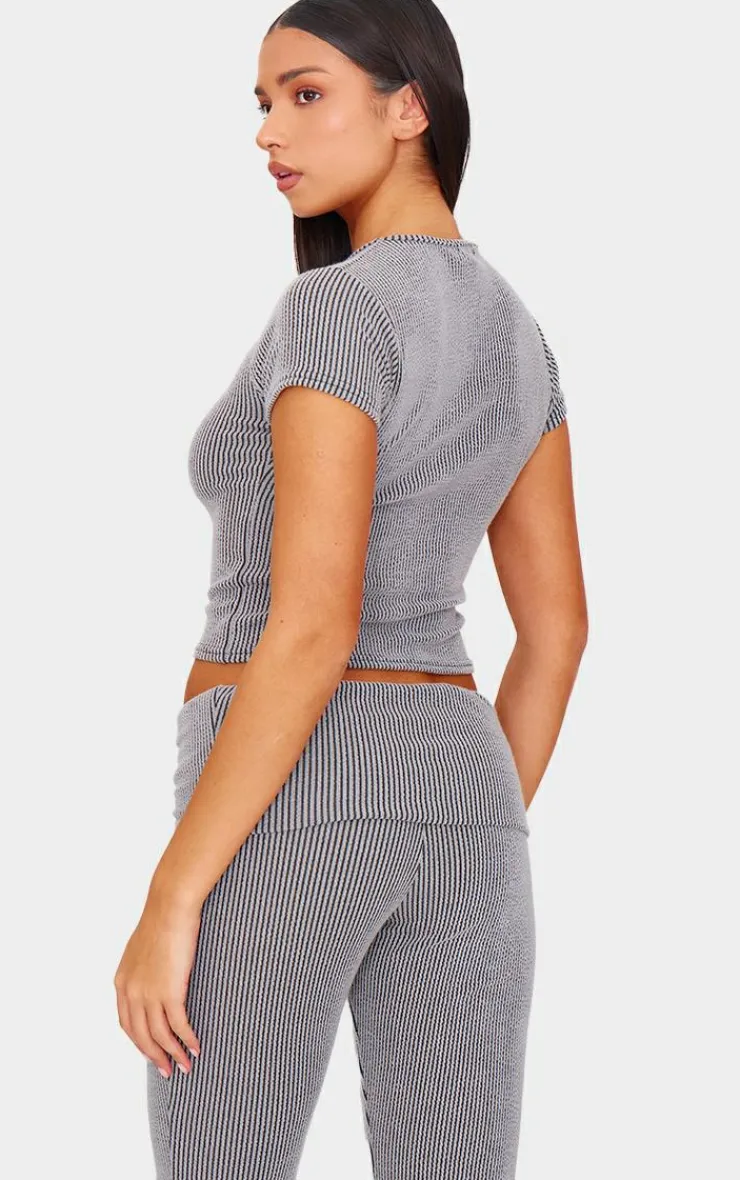 Clearance PrettyLittleThing Two Tone Crinkle Rib T-shirt Charcoal Grey