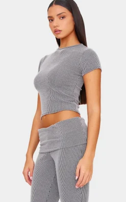 Clearance PrettyLittleThing Two Tone Crinkle Rib T-shirt Charcoal Grey