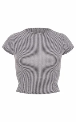 Clearance PrettyLittleThing Two Tone Crinkle Rib T-shirt Charcoal Grey