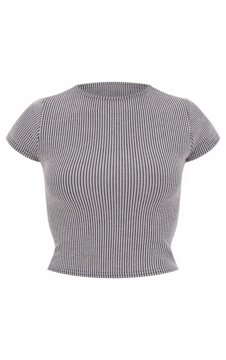Clearance PrettyLittleThing Two Tone Crinkle Rib T-shirt Charcoal Grey