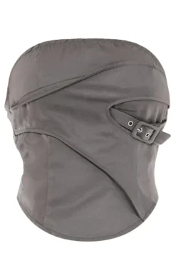 Charcoal Grey Woven Dip Hem Buckle Detail Top