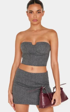 Hot PrettyLittleThing Herringbone Corset Top Charcoal
