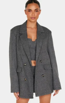 Hot PrettyLittleThing Charcoal Herringbone Oversized Woven Blazer Charcoal Grey