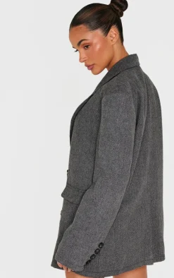 Hot PrettyLittleThing Charcoal Herringbone Oversized Woven Blazer Charcoal Grey