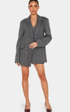 Hot PrettyLittleThing Charcoal Herringbone Oversized Woven Blazer Charcoal Grey