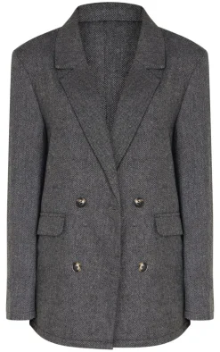 Hot PrettyLittleThing Charcoal Herringbone Oversized Woven Blazer Charcoal Grey