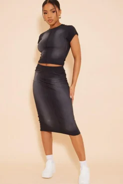 Outlet PrettyLittleThing Jersey Washed Binding Detail Midi Skirt Charcoal