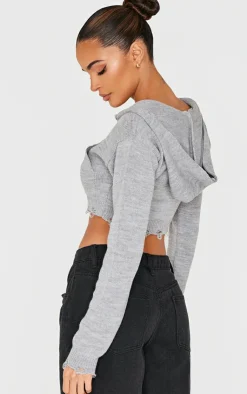 PrettyLittleThing Sweaters*Knitted Zip Up Distressed Detail Cropped Sweater