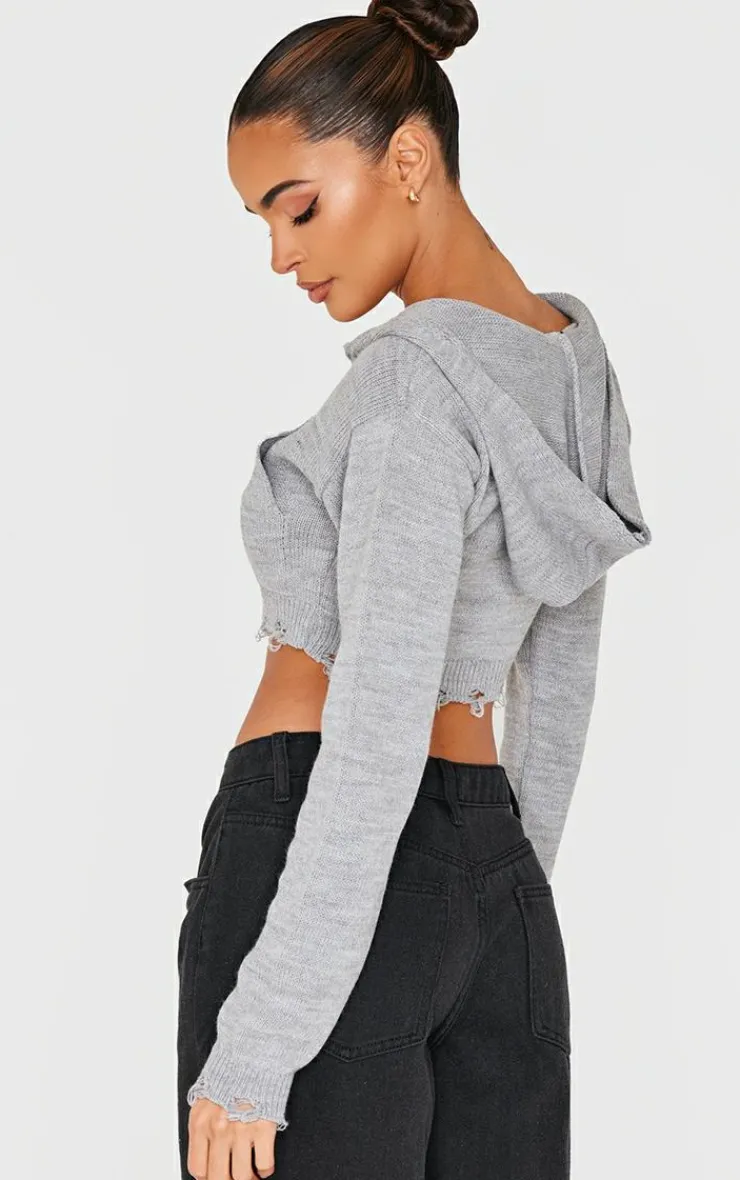PrettyLittleThing Sweaters*Knitted Zip Up Distressed Detail Cropped Sweater