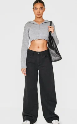 PrettyLittleThing Sweaters*Knitted Zip Up Distressed Detail Cropped Sweater