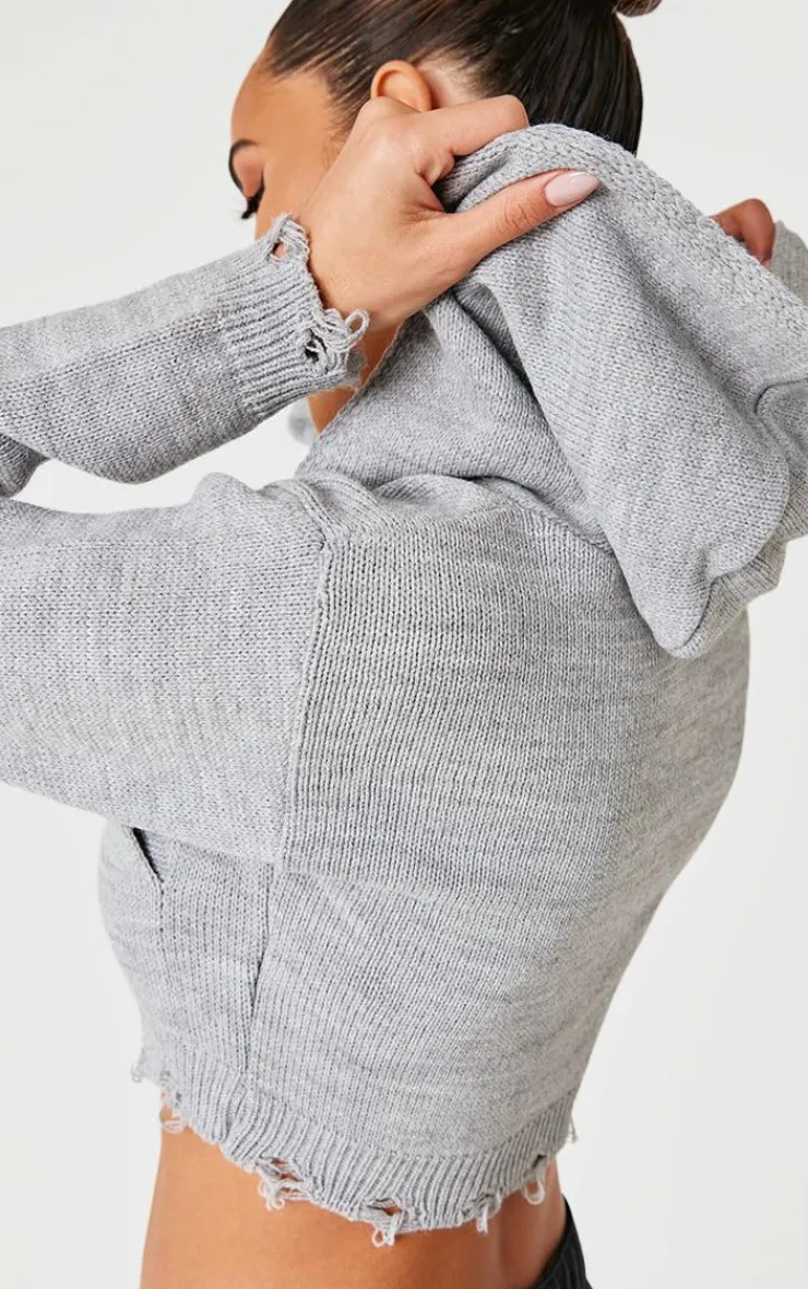 PrettyLittleThing Sweaters*Knitted Zip Up Distressed Detail Cropped Sweater