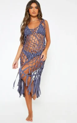 Charcoal Macrame Tassel Hem Plunge Beach Dress