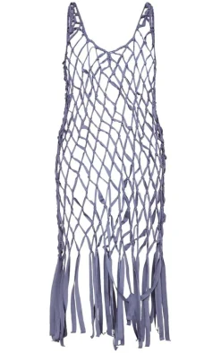 Charcoal Macrame Tassel Hem Plunge Beach Dress