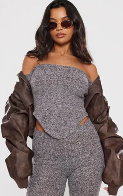 Hot PrettyLittleThing Marl Knit Underbust Detail Bardot Long Sleeve Top Charcoal