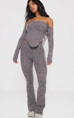 Hot PrettyLittleThing Marl Knit Underbust Detail Bardot Long Sleeve Top Charcoal