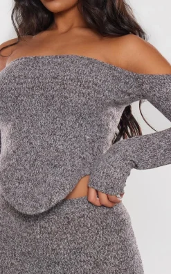 Hot PrettyLittleThing Marl Knit Underbust Detail Bardot Long Sleeve Top Charcoal