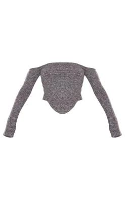 Hot PrettyLittleThing Marl Knit Underbust Detail Bardot Long Sleeve Top Charcoal
