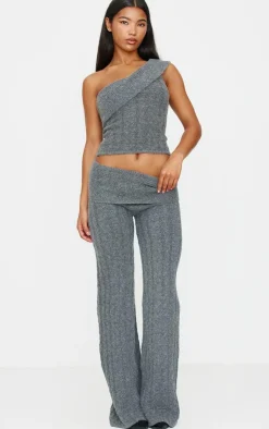 Best PrettyLittleThing Marl Textured Knit Foldover Wide Leg Pants Charcoal