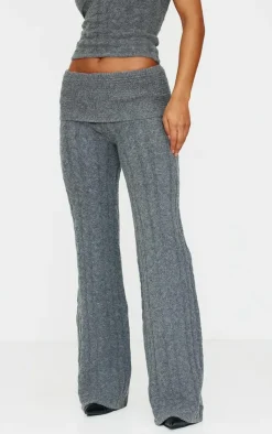 Best PrettyLittleThing Marl Textured Knit Foldover Wide Leg Pants Charcoal