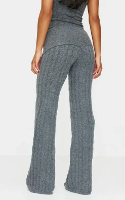 Best PrettyLittleThing Marl Textured Knit Foldover Wide Leg Pants Charcoal