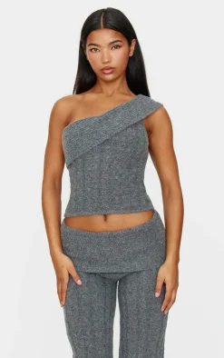 Best PrettyLittleThing Marl Textured Knit Foldover Wide Leg Pants Charcoal