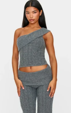 Online PrettyLittleThing Marl Textured Knit Foldover Bandeau Top Charcoal
