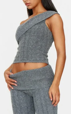 Online PrettyLittleThing Marl Textured Knit Foldover Bandeau Top Charcoal