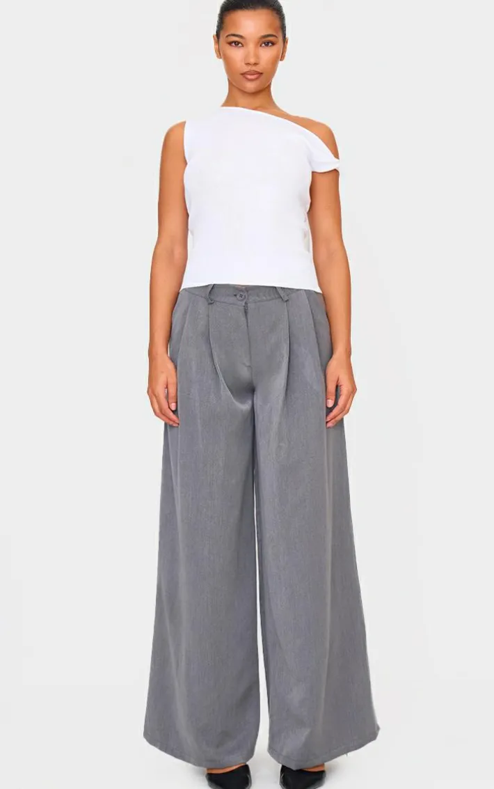 Charcoal Mid Rise Wide Leg Woven Pants