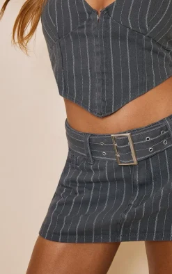 Outlet PrettyLittleThing Pinstripe Belted Denim Micro Mini Skirt Charcoal