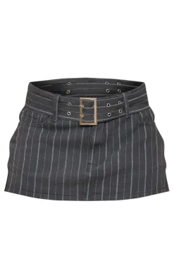 Outlet PrettyLittleThing Pinstripe Belted Denim Micro Mini Skirt Charcoal