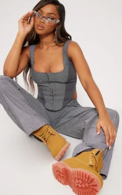 PrettyLittleThing Pinstripe Contrast Panel Corset Charcoal