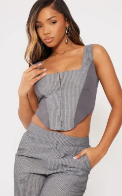 PrettyLittleThing Pinstripe Contrast Panel Corset Charcoal