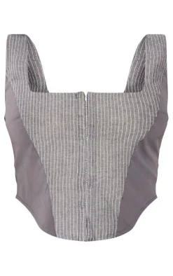 PrettyLittleThing Pinstripe Contrast Panel Corset Charcoal