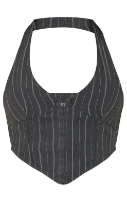 Hot PrettyLittleThing Charcoal Pinstripe Denim Halterneck Top Charcoal Grey
