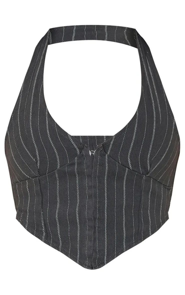 Hot PrettyLittleThing Charcoal Pinstripe Denim Halterneck Top Charcoal Grey
