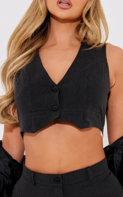 New PrettyLittleThing Pinstripe Tailored Cropped Seam Detail Vest Charcoal